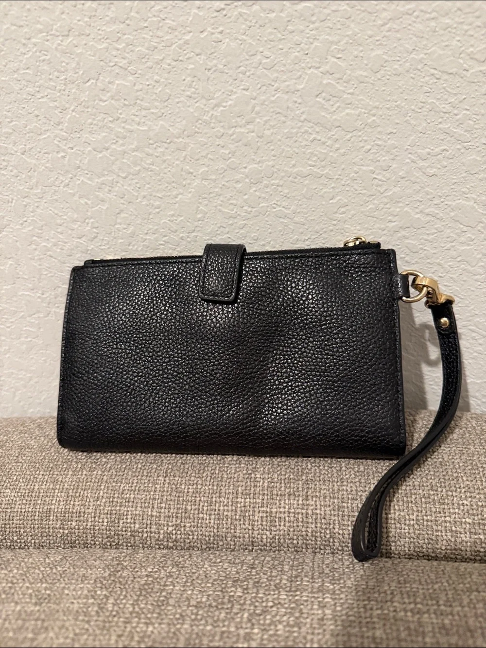 Michael Kors Black Leather Wristlet Clutch with Gold Hardware